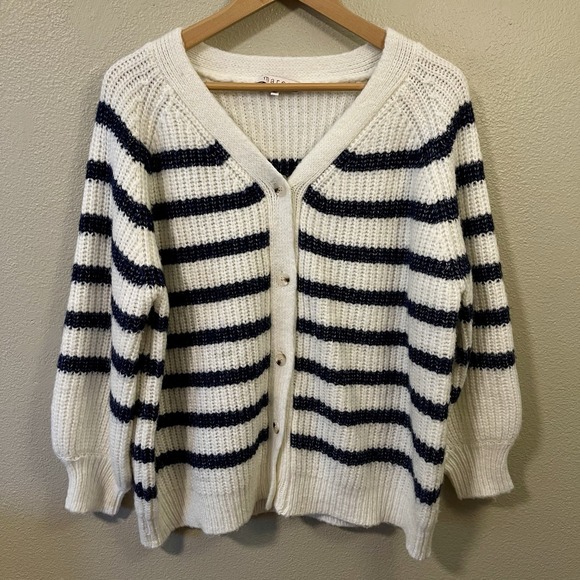 Marea By Liz Joy Sweaters - Marea Knit V Neck Cardigan Striped Ivory Navy Chunky‎ Nordic Cabin Size XL